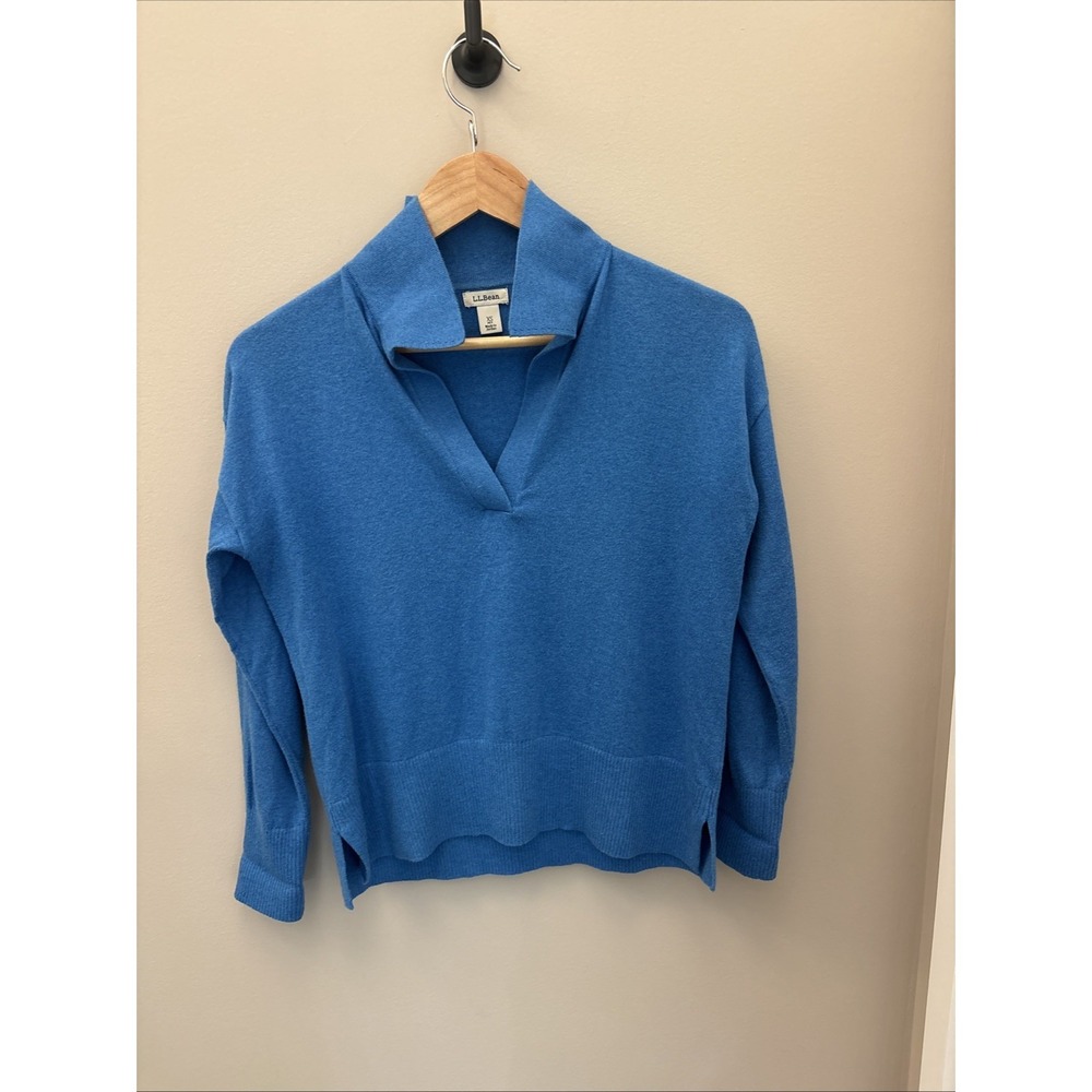 LL Bean Womens Cotton Cashmere Blend LS V Neck Royal Blue Sweater PXS